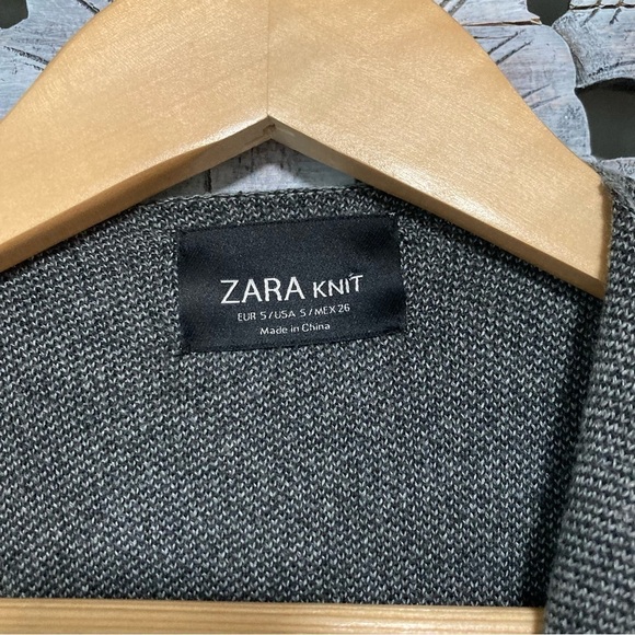 NWT Zara Gray Knit Draped Open Front Faux Black Leather Long Sleeve Coat - Picture 4 of 7